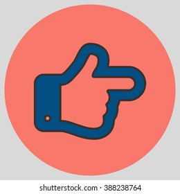 Flat design style. The index finger pointing right. Forefinger pointing to right. Hand gesture. Vector illustration with pantone colors of the year 2016 Snorkel Blue and Peach Echo.
