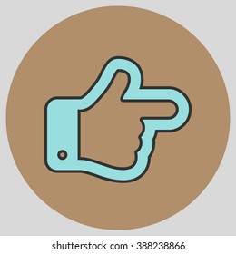 Flat design style. The index finger pointing right. Forefinger pointing to right. Hand gesture. Vector illustration with pantone colors of the year 2016 Limpet Shell and Iced Coffee.