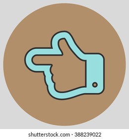 Flat design style. The index finger pointing left. Forefinger pointing to left. Hand gesture. Vector illustration with pantone colors of the year 2016 Limpet Shell and Iced Coffee.