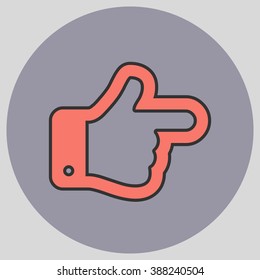 Flat design style. The index finger pointing right. Forefinger pointing to right. Hand gesture. Vector illustration with pantone colors of the year 2016 Peach Echo and Lilac Grey.