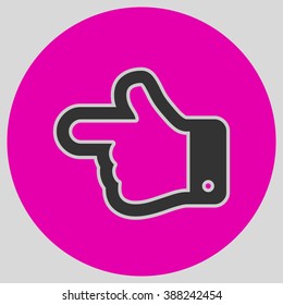 Flat design style. The index finger pointing left. Forefinger pointing to left. Hand gesture. Style is flat symbol. Black color.  Magenta circle  background.