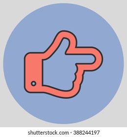 Flat design style. The index finger pointing right. Forefinger pointing to right. Hand gesture. Vector illustration with pantone colors of the year 2016 Peach Echo and Serenity.