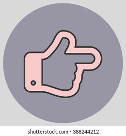 Flat design style. The index finger pointing right. Forefinger pointing to right. Hand gesture. Vector illustration with pantone colors of the year 2016 Rose Quartz and Lilac Grey.