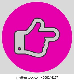 Flat design style. The index finger pointing right. Forefinger pointing to right. Hand gesture. Style is flat symbol. Silver color.  Magenta circle  background.