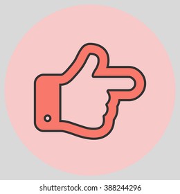 Flat design style. The index finger pointing right. Forefinger pointing to right. Hand gesture. Vector illustration with pantone colors of the year 2016 Peach Echo and Rose Quartz.