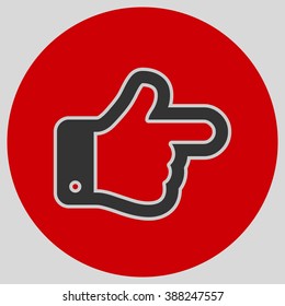 Flat design style. The index finger pointing right. Forefinger pointing to right. Hand gesture. Style is flat symbol. Black color.  Red circle  background.