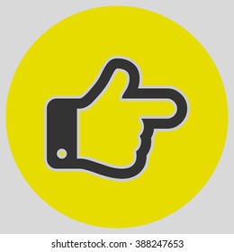 Flat design style. The index finger pointing right. Forefinger pointing to right. Hand gesture. Style is flat symbol. Black color.  Yellow circle  background.