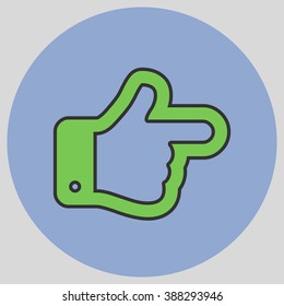 Flat design style. The index finger pointing right. Forefinger pointing to right. Hand gesture. Vector illustration with pantone colors of the year 2016 Green Flash and Serenity.
