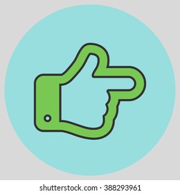 Flat design style. The index finger pointing right. Forefinger pointing to right. Hand gesture. Vector illustration with pantone colors of the year 2016 Green Flash and Limpet Shell.