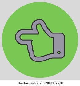 Flat design style. The index finger pointing left. Forefinger pointing to left. Hand gesture. Vector illustration with pantone colors of the year 2016 Lilac Grey and Green Flash.