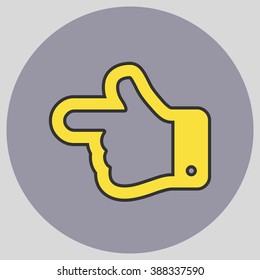 Flat design style. The index finger pointing left. Forefinger pointing to left. Hand gesture. Vector illustration with pantone colors of the year 2016 Buttercup and Lilac Grey.