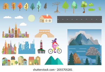 Flat Design Style Landscape Elements Vector Illustration