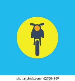 flat design style light blue background with symbol & icon of front motorcycle on a yellow rounded circle for app & web vector illustration