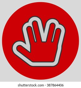 Flat design style. Live long and prosper Vulcan Greeting. Hand gesture. Style is flat symbol. Silver color.  Red circle  background.