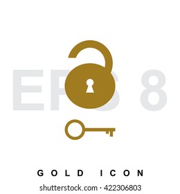 Flat design style lock or security. Padlock gold icon, logo, template, pictogram, symbol, or emblem