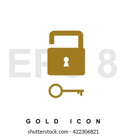 Flat design style lock or security. Padlock gold icon, logo, template, pictogram, symbol, or emblem