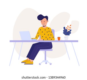 Flat design style man character sitting at the table using laptop. Working at the office concept. Freelancer male concept. Web template. Vector illustration