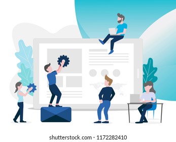 Flat design style of marketing strategy for website and mobile website, Business team working, vector illustration.