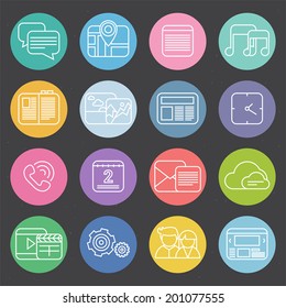 Flat design style mobile phone vector icons big set, white outline symbols on colorful circles
