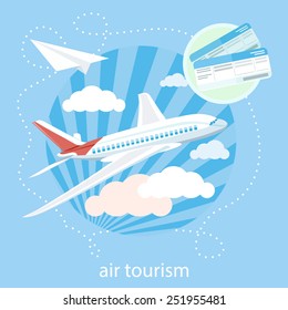 Flat design style modern concept with item icons of detailed airplane flying through clouds in the blue sky
