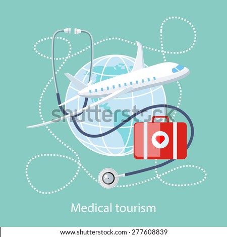 Flat design style modern concept of medical services abroad, along with the rest. Medical stethoscope around the globe, airplane and doctor bag with a red heart. Medical Tourism