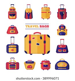Conjunto de iconos modernos de estilo de diseño plano de bolsas de viaje de equipaje conjunto Ilustración vectorial