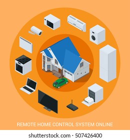 Flat design style modern illustration concept of smart home control technology system with centralized control of lighting, heating, ventilation and air conditioning, security and video