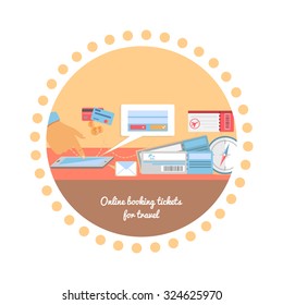 Flat design style modern planning a summer vacation, online booking a ticket on a trip, flying a plane to travel destination. Online ticket reservation and booking accommodation. Buy ticket online