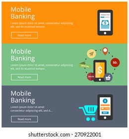 Flat design style modern smartphone with processing of mobile Banking from credit card on the screen. M-Commerce Mobile Bank online payment website banner poster vector colored illustration concept.