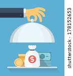 Flat design style modern vector illustration concept of businessman offering a money on the serve plate for funding a commercial project or investment in bank deposit. Isolated on the blue  background