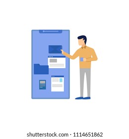 Flat design style modern vector illustration concept of businessman using mobile phone for business process organization, lifestyle routine and internet browsing. Isolated on white background