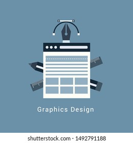 Flat design style modern vector illustration icons set of graphic designer items and tools, office various objects and equipment.