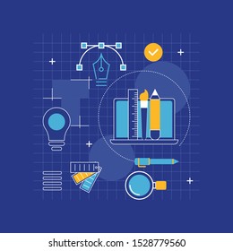 Flat design style modern vector illustration icons set of graphic designer items and tools, office various objects and equipment. Isolated on stylish color background