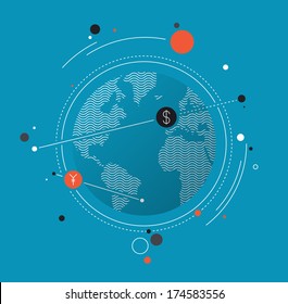 Flat design style modern vector illustration concept of world currency exchange, converting money with yen and dollar symbols, global trading on stock market. Isolated on white background