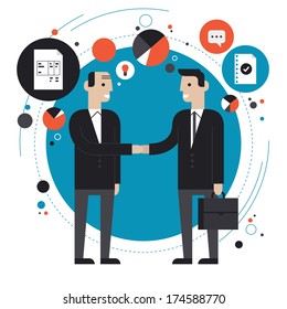 Flat design style modern vector illustration concept of successful partnership, business people cooperation agreement, teamwork solution and handshake of two businessman Isolated on stylish background