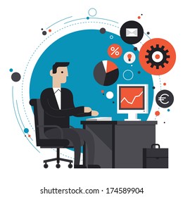 Flat design style modern vector illustration concept of smiling business man in formal suit sitting at the desk and working on computer in the office. Isolated on stylish colored background