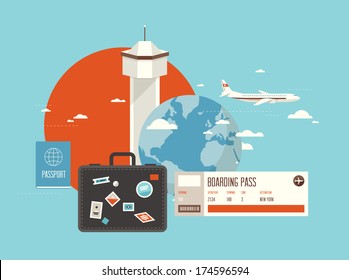 Flat design style modern vector illustration concept of planning a summer vacation, online booking a ticket on a trip, flying a plane to travel destination. Isolated on stylish background.