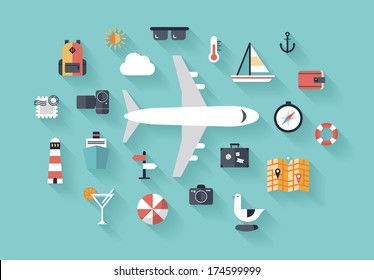 Flat design style modern vector illustration icons set of traveling on airplane, planning a summer vacation, tourism and journey objects and passenger luggage. Isolated on stylish background.