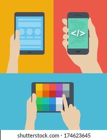 Flat design style modern vector illustration concept of web page prototyping, mobile website interface coding, choosing color palette scheme on digital tablet. Isolated on stylish colored background