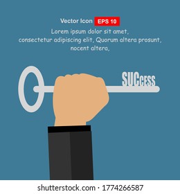 Flat design style modern vector illustration concept of hand holding a key of success, meaning overcoming difficulties and goals achievement.
