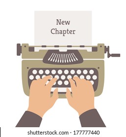 Flat design style modern vector illustration concept of author writing a new chapter in a novel story on a manual vintage stylish typewriter. Isolated on white background