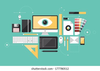 Flat design style modern vector illustration icons set of graphic designer items and tools,  office various objects and equipment. Isolated on stylish color background