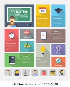 Flat Design Style Modern Vector Illustration Concept Of Infographic Website Navigation Elements With Icons Set Of Online Education With Teaching And Learning Symbol, Studying And Educational Objects. 