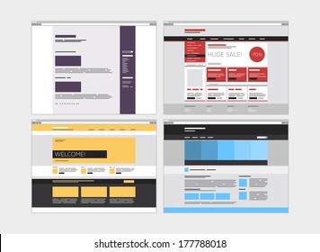 Flat design style modern vector illustration concept of abstract website design user interface set with simple web elements and minimalistic menu navigation layout. Isolated on white background