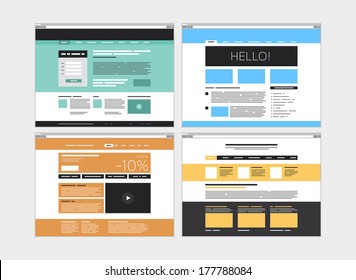 Flat design style modern vector illustration concept of abstract website design user interface set with simple web elements and minimalistic menu navigation layout. Isolated on white background