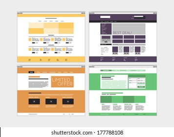 Flat design style modern vector illustration concept of abstract website design user interface set with simple web elements and minimalistic menu navigation layout. Isolated on white background