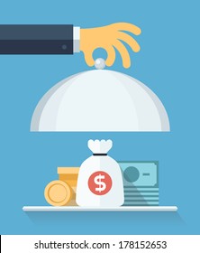 Flat design style modern vector illustration concept of businessman offering a money on the serve plate for funding a commercial project or investment in bank deposit. Isolated on the blue  background