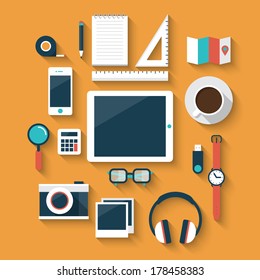 Flat design style modern vector illustration icons set of office various objects and equipment