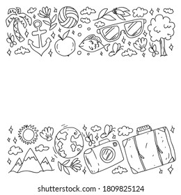 Flat design style modern vector illustration icons set of traveling on airplane, planning a summer vacation, tourism and journey objects.