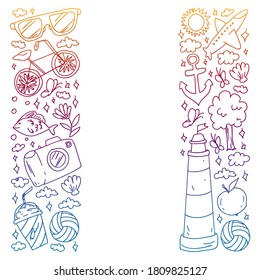 Flat design style modern vector illustration icons set of traveling on airplane, planning a summer vacation, tourism and journey objects.